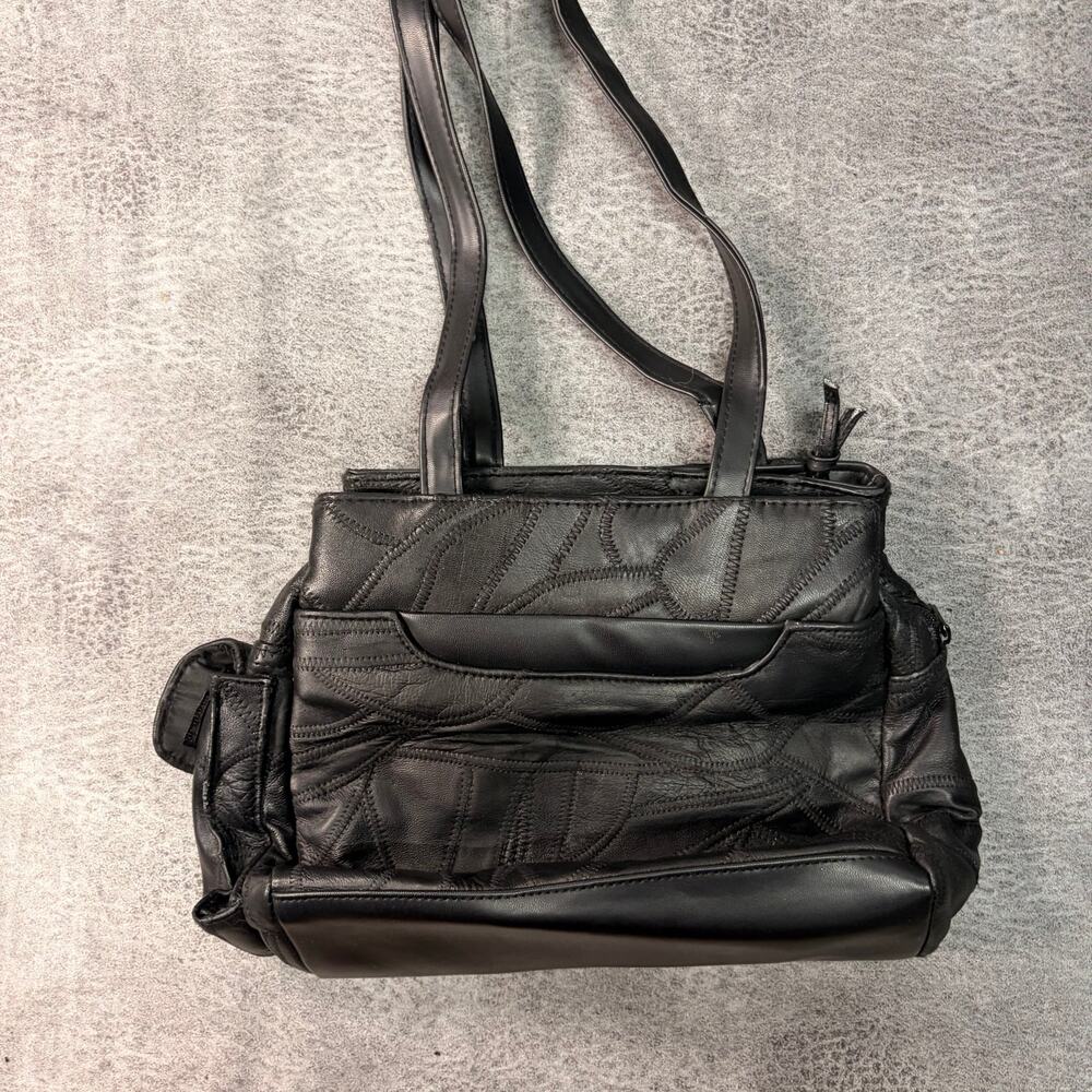 Black Patchwork Embroidered Leather Shoulder Bag - image 3